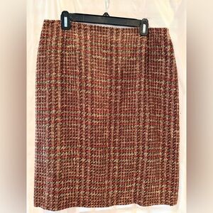 Plaid Wool Blend Skirt - Brown with cream and orange